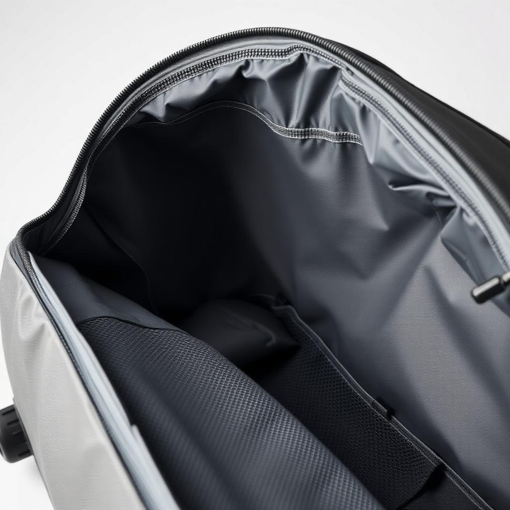 Interior compartment of a ZD Carriers suitcase with compression straps and a zip divider