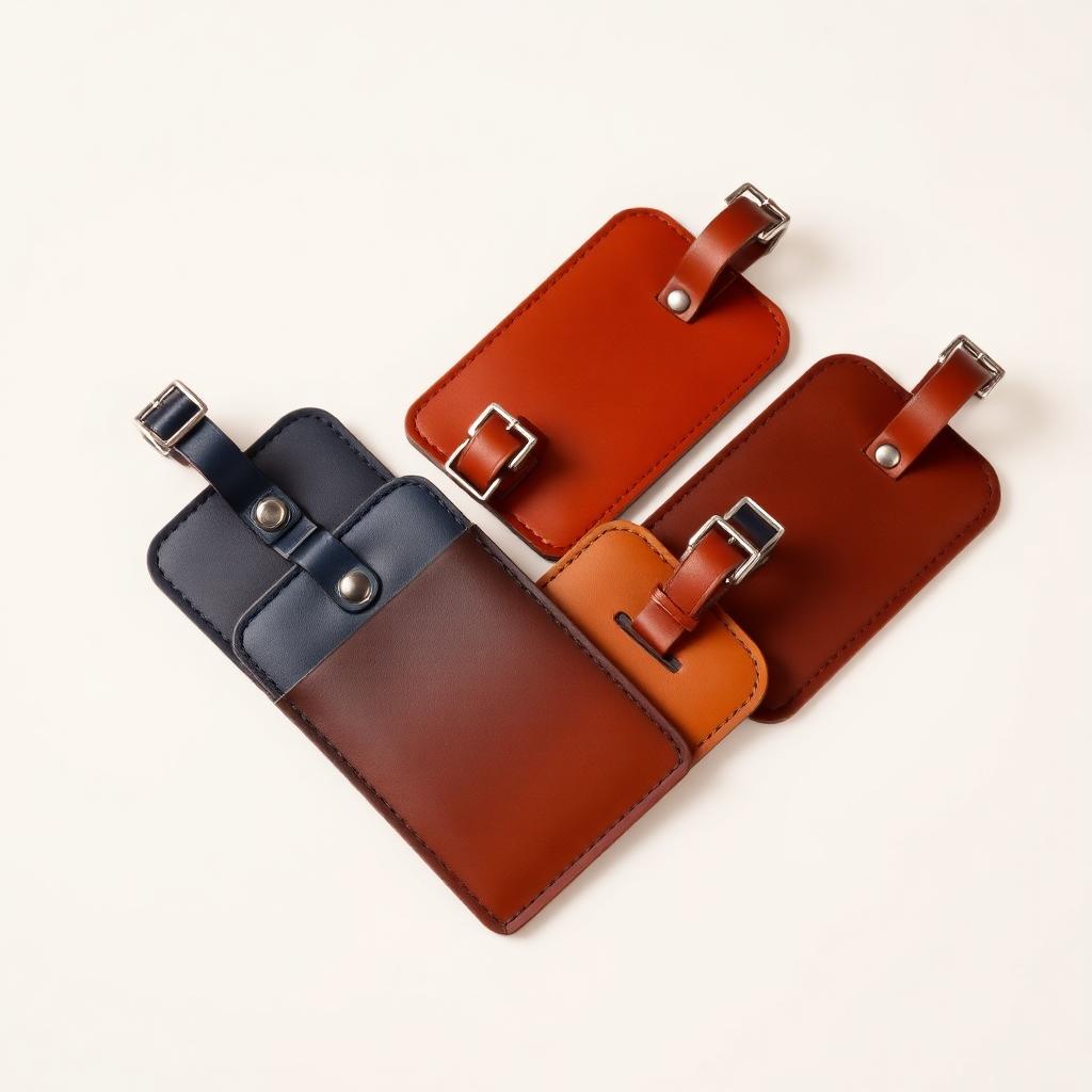 Set of four leather luggage tags in navy and amber with steel buckles