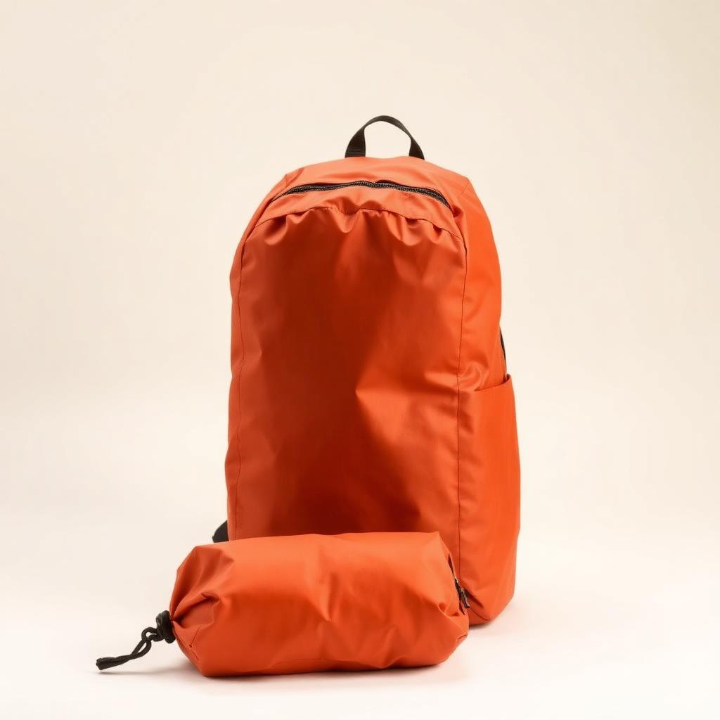 Burnt amber packable daypack shown upright beside its folded stuff pouch
